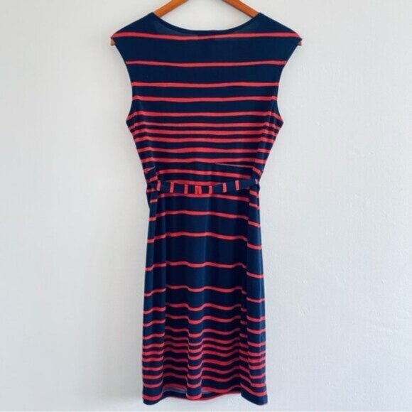En Focus Studio Sheath Career Dress Womens 8 Blue Red Striped Tie Belt Office - Picture 2 of 8